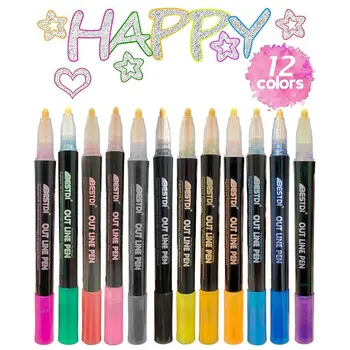 Набор ручек для рисования металлической краской 12 цветов, двухлинейная ручка, контурный маркер, блестки для рисования, школьные принадлежности