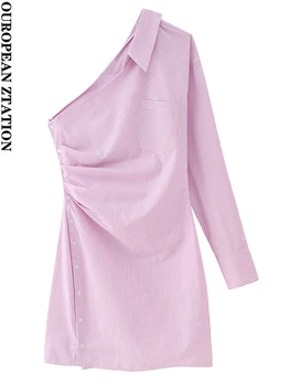 PAILETE Women 2023 модное карманное полосатое драпированное асимметричное мини-платье vintage one с длинным рукавом женские платья vestidos muje