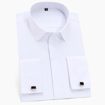 Мужские Классические французские манжеты, однотонная рубашка с закрытой планкой, Официальные деловые Белые рубашки стандартного покроя с длинным рукавом для работы в офисе