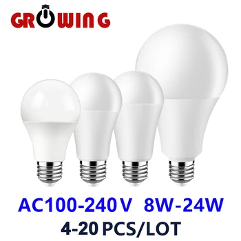 4-20 штук AC110V/AC220V светодиодные энергосберегающие лампы E27 B22 Реальная Мощность света 8 Вт-24 Вт Без стробоскопа теплый белый свет