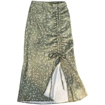 Лето 2023, атласная юбка с леопардовым принтом и разрезом на бедрах, женская зеленая тонкая юбка с высокой талией Eelgant Party Club, длинная юбка